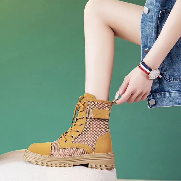真皮网靴春夏新款薄款厚底马丁靴时尚透气镂空小个子增高女士凉靴