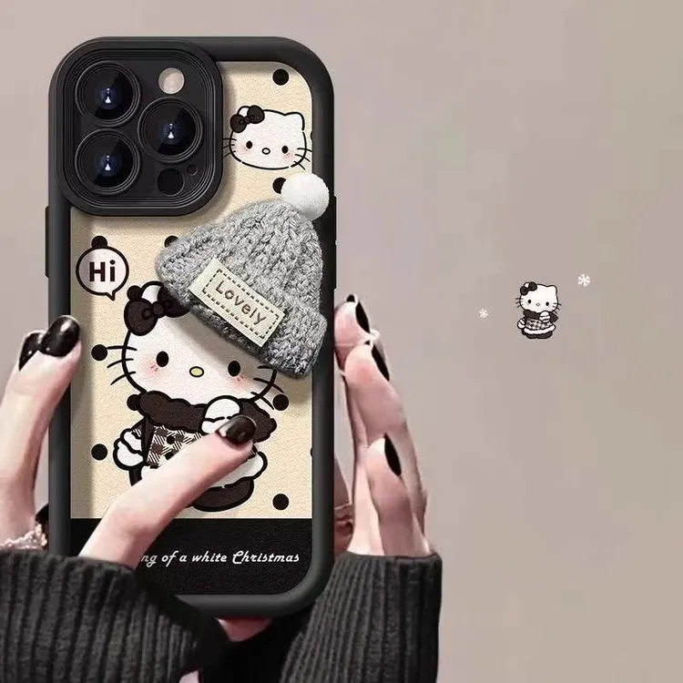 秋冬款针织帽子kt猫适用苹果17Proma新款手机壳iPhone16全包防摔