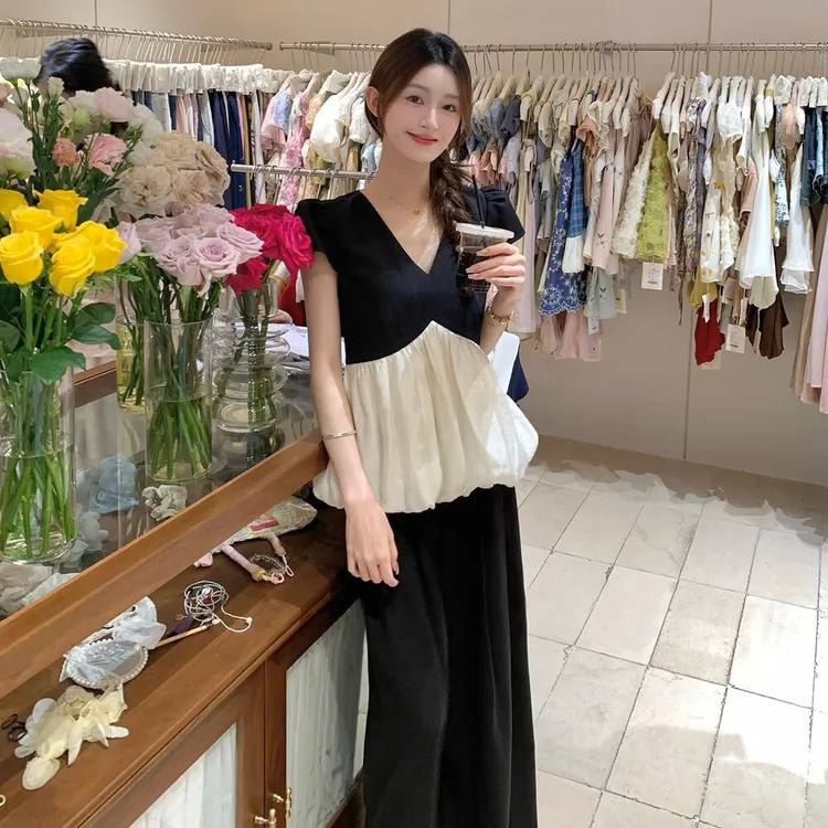 法式财阀千金名媛贵气套装撞色短袖短款衬衫女装夏季休闲裤两件套