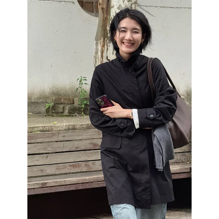 LANGQING 黑色经典极简单排扣中长款风衣外套46578#