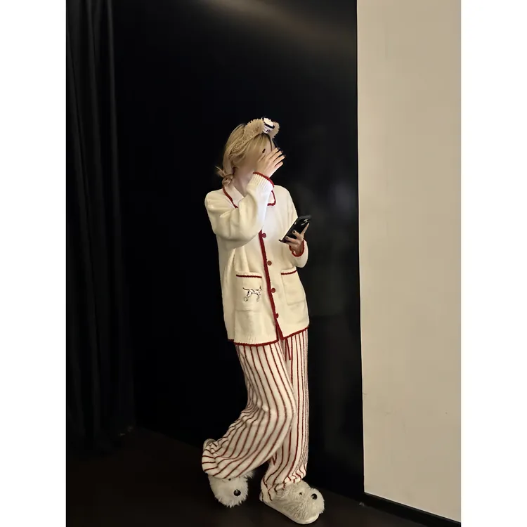 【DMXJ大梦想家】韩版甜美小狗条纹半边绒睡衣女秋冬新款家居服套装