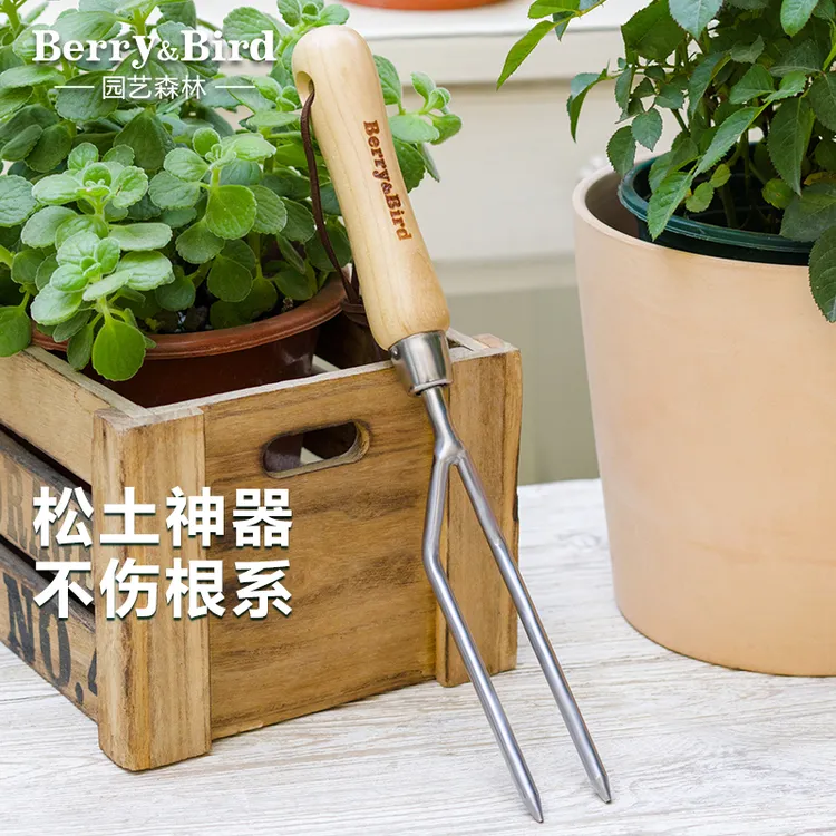 Berry&Bird阳台园艺养花盆栽松土小工具不锈钢二齿手叉子家用种植