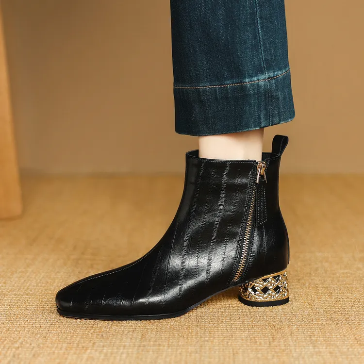 牛皮/3.5cm防滑粗跟侧拉链短靴冬季中跟时尚复古加绒方头K1772