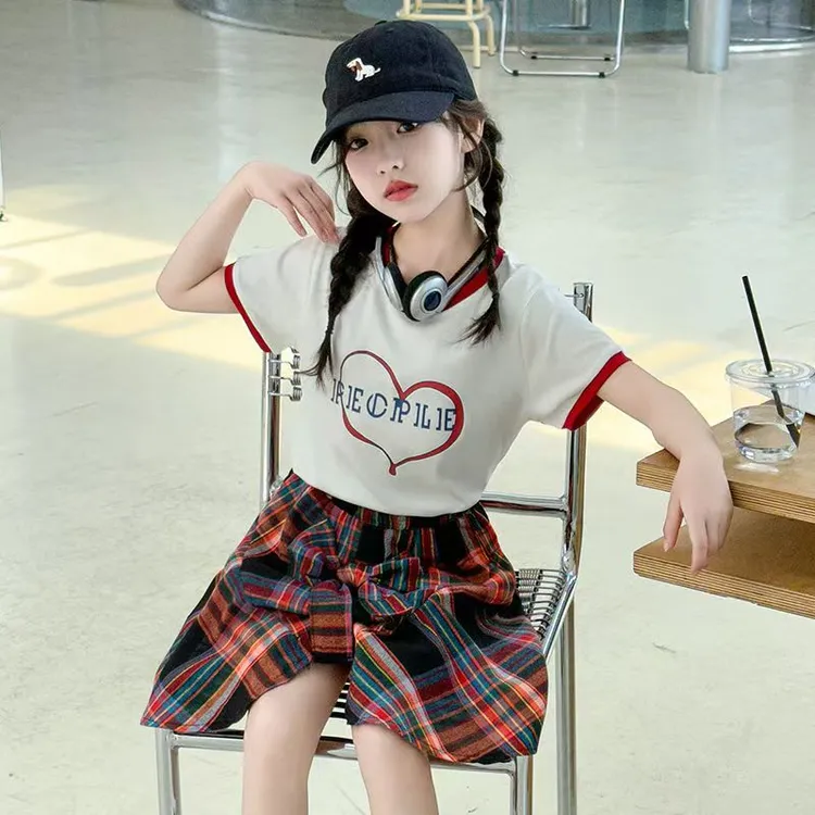 女童短袖短裤洋气套装2025夏装新款中小童不规则格子裙女孩跳舞裙