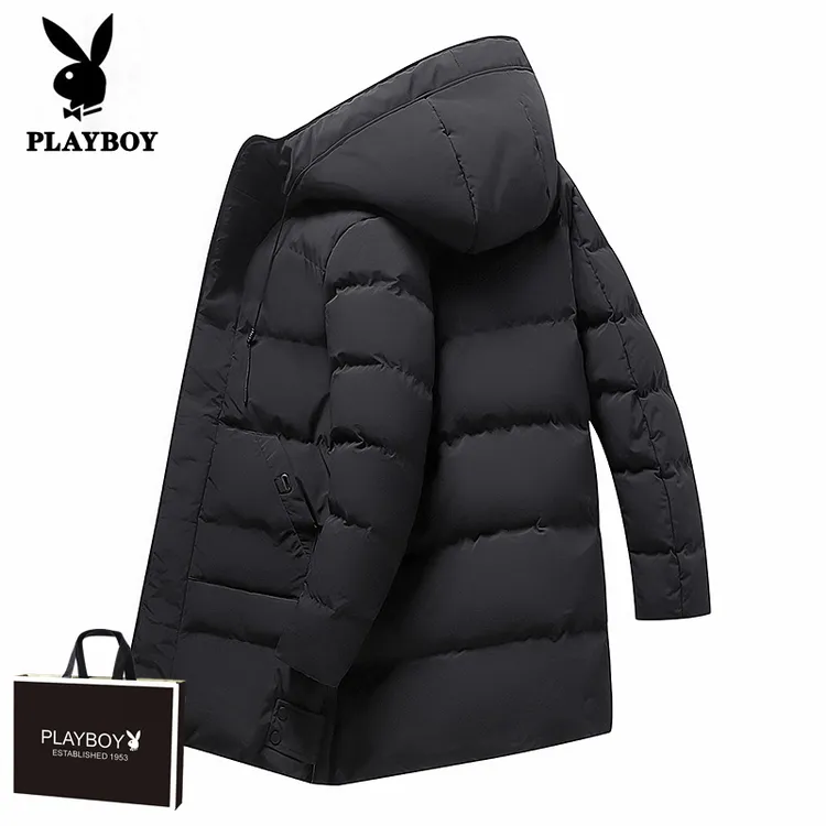 花花公子冬季男士中长款加厚保暖连帽棉衣韩版休闲潮流棉袄外套潮