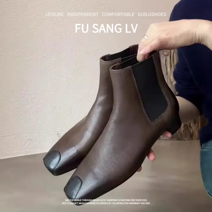 2025新款复古方头时尚舒适百搭小众设计感休闲舒适粗跟切尔西短靴