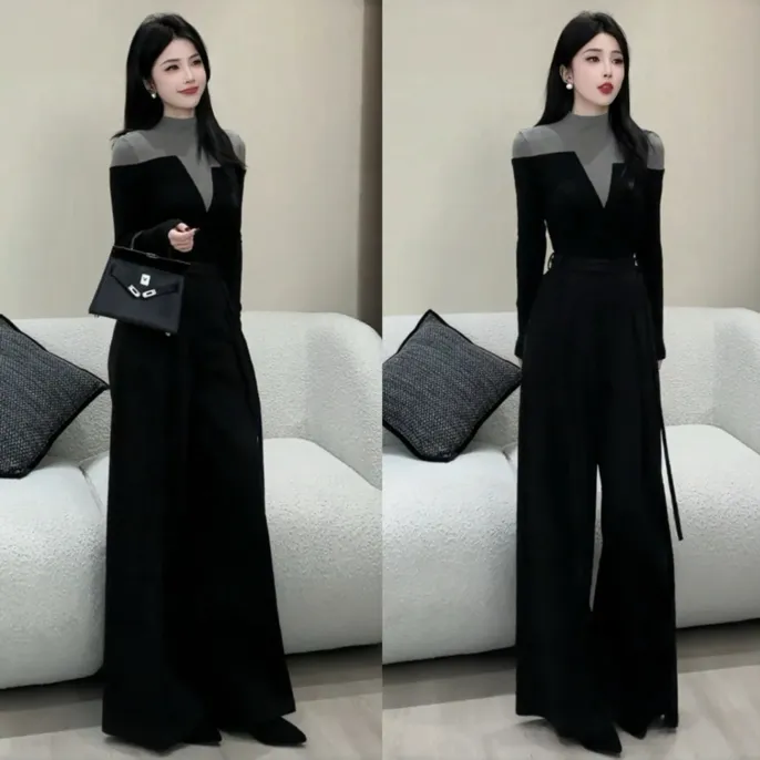 巨好看的两件套秋冬装御姐知性气质半高领长袖磨毛T恤阔腿裤套装