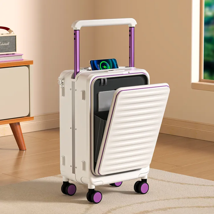 MIYO前开盖行李箱条纹铝框旅行箱20寸小型登机箱宽拉杆箱大容量