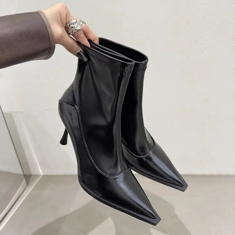 法式气质高跟短靴女2025秋冬新款短筒小众拉链性感尖头弹力瘦瘦靴