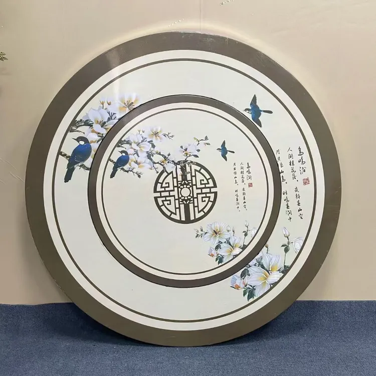 加厚彩图圆桌不锈钢餐桌内置转盘内折叠桌子餐厅酒店家用吃饭桌子