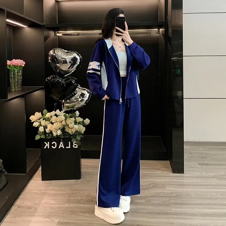 运动风森系休闲风INS风时尚套装阔腿裤气质针织秋季两件套运动女