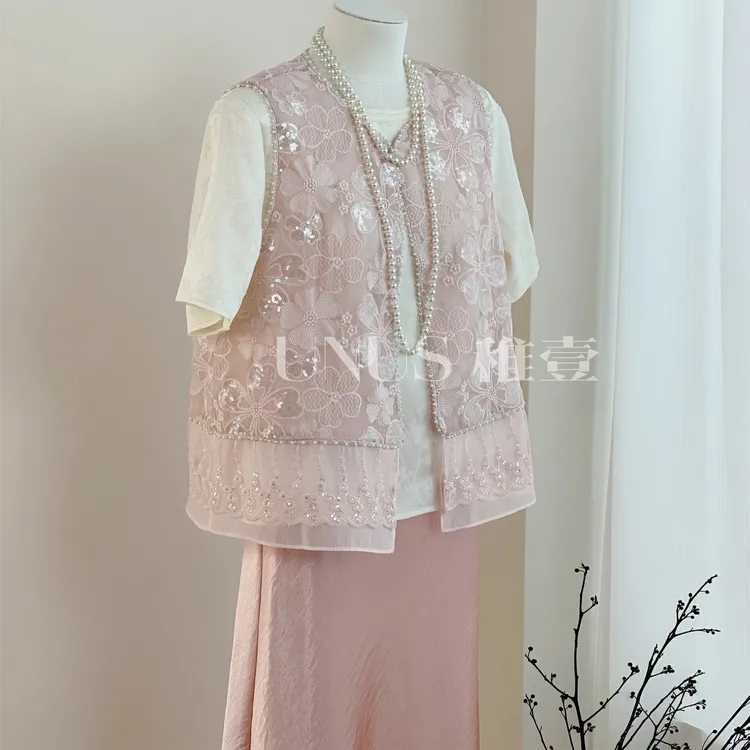 稚壹新中式国风马甲配短袖高级感重工钉珠无袖刺绣坎肩女薄纱