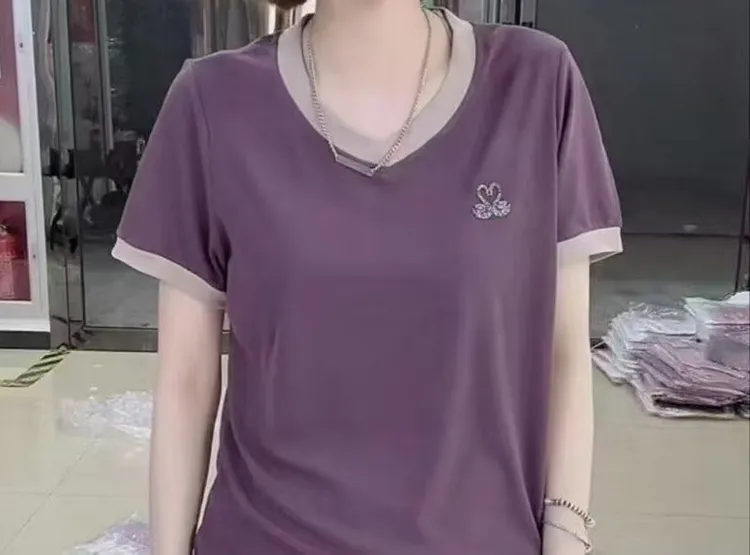 女士短袖V领小天鹅显瘦T恤气质女士百搭上衣t恤