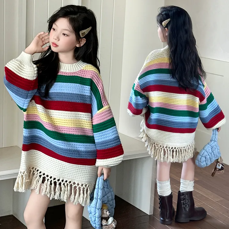女童秋装毛衣裙2025新款韩版洋气童装女孩春秋彩虹条纹针织衫上衣