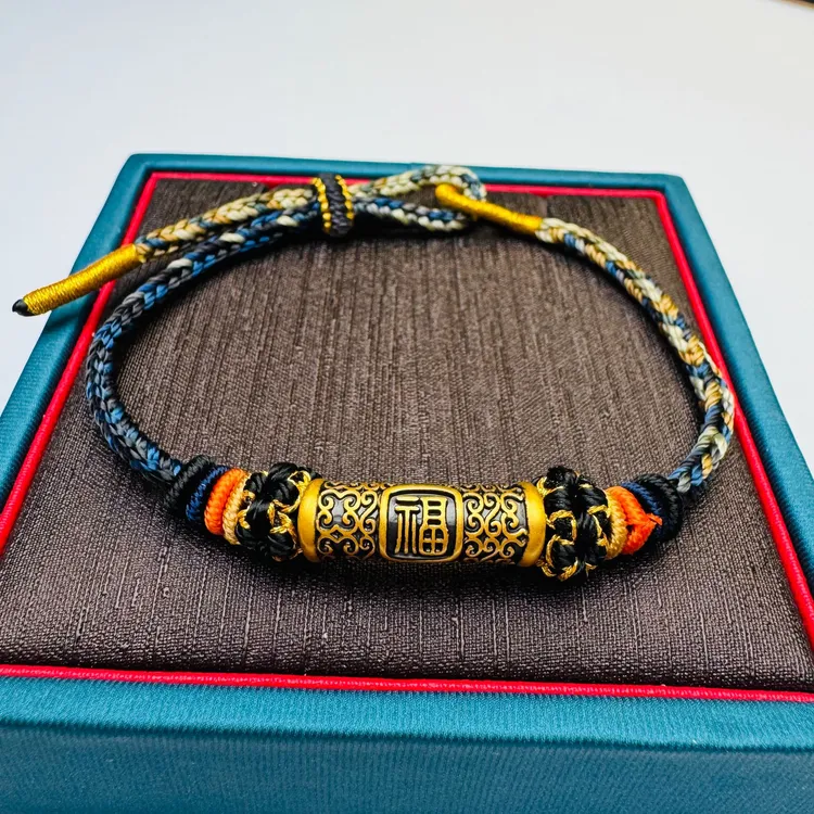 70#足金999 珐琅彩黑金福字弯管  手工编织