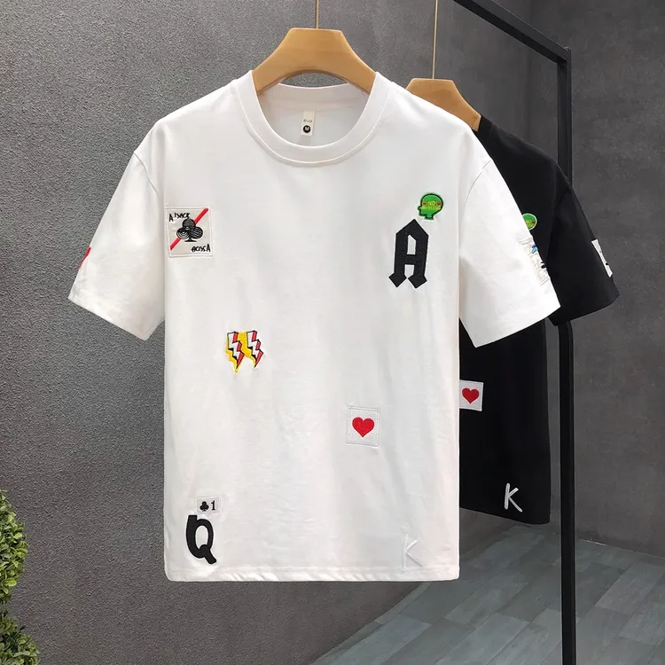 刺绣短袖t恤男潮牌潮流衣服夏季新款男士韩版修身半截袖