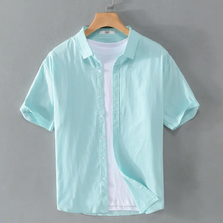 100%全纯棉短袖衬衫男装夏季潮流百搭浅绿蓝白色休闲衬衣清新薄款