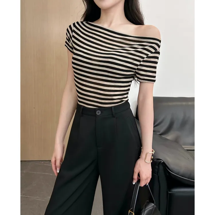 MUMU【港岛假期】气质斜领条纹短袖不规则新款修身显瘦百搭气质