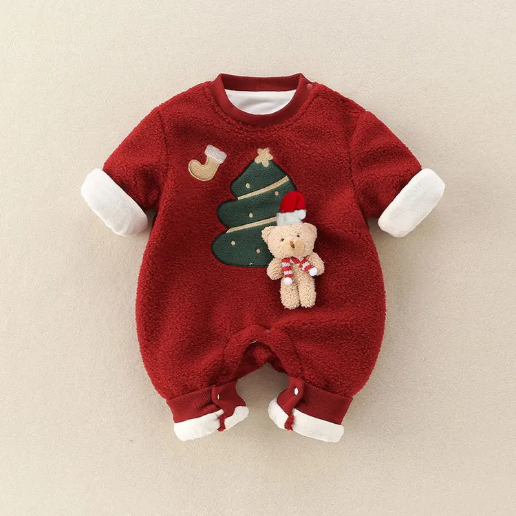 婴儿衣服冬季加绒连体衣宝宝红色喜庆周岁加棉加厚新年装拜年爬服
