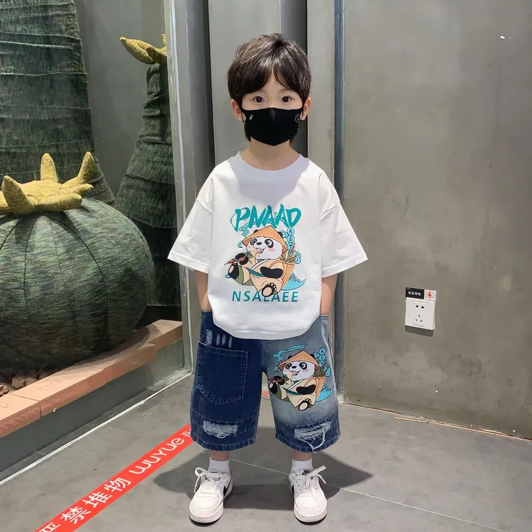 儿童服装2025新款男童夏套装牛仔裤帅气潮酷卡通宝宝短袖夏款衣服
