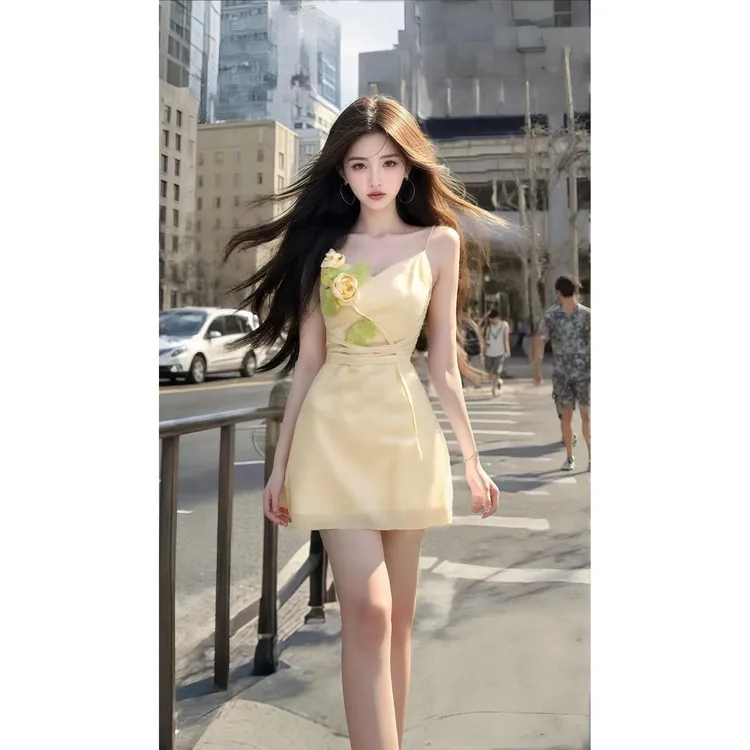 时尚温柔风黄色V领吊带立体花朵设计收腰连衣裙女小众气质高级感