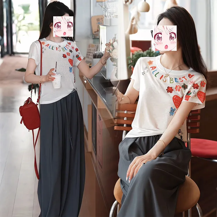 2025年时尚慵懒风穿搭一整套夏季圆领字母短袖T恤垂感拖地休闲裤