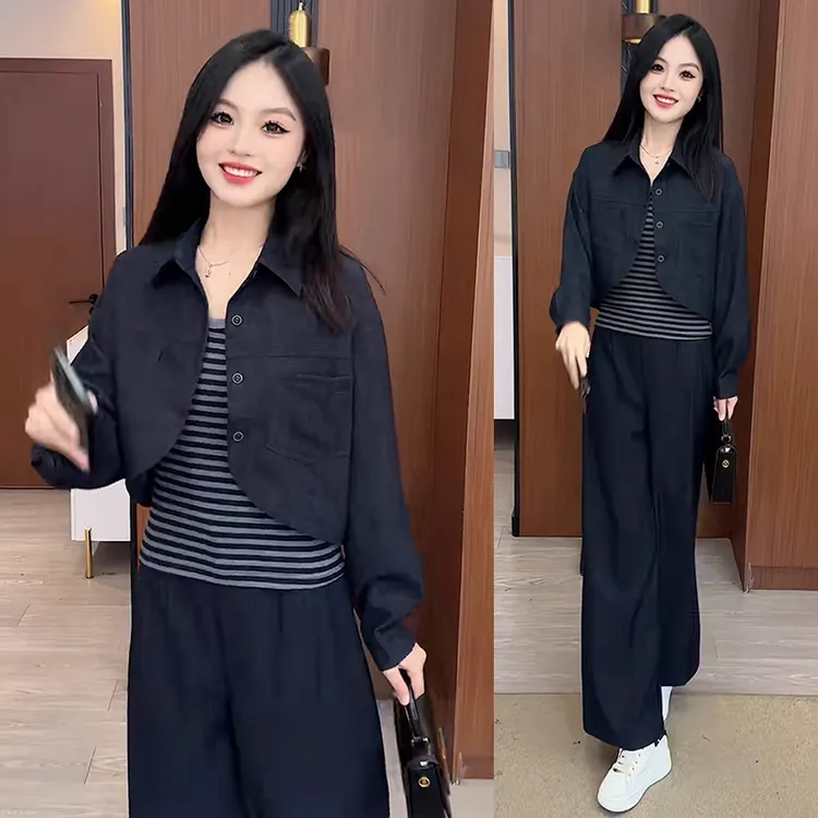 高级感牛仔套装女2025秋季新款小个子短外套背心阔腿裤时尚三件套