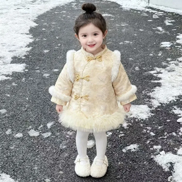 女童2025年冬季儿童国风旗袍裙外套女宝宝加绒加厚汉服拜年装