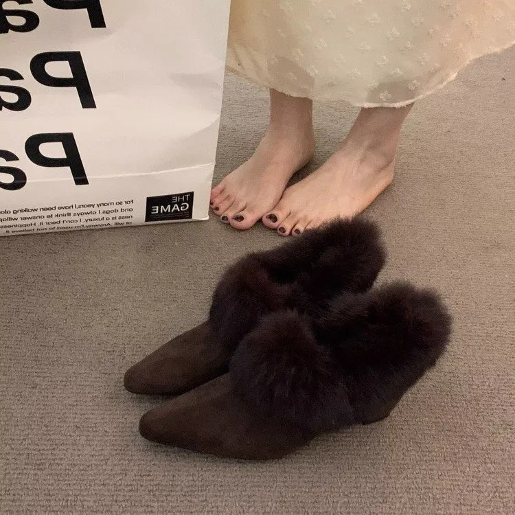 内增高加绒尖头毛毛鞋勃肯棉鞋2025冬季新款跛跟高跟保暖深口单鞋