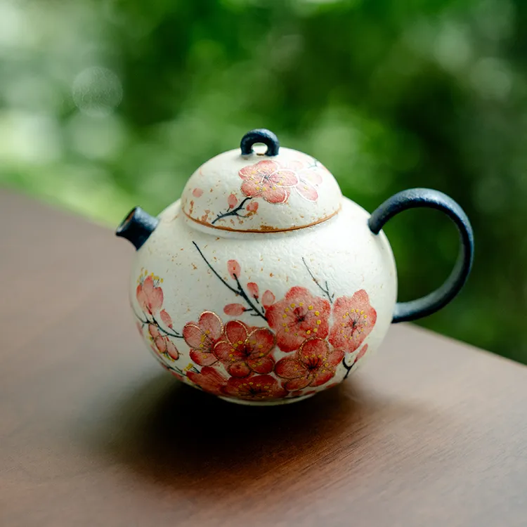 德白青花火石红纯手绘梅花陶瓷小茶壶家用泡茶水壶功夫茶具带过滤