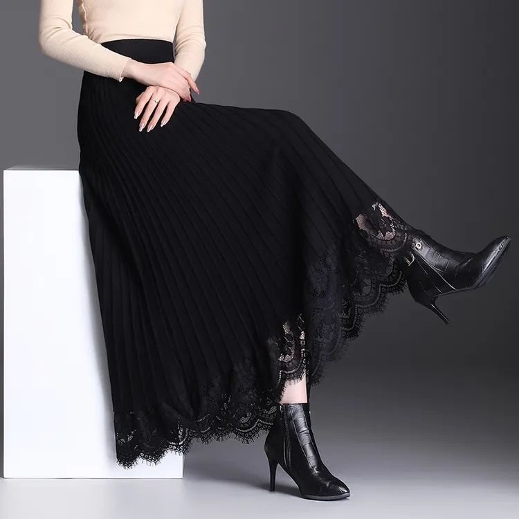 蕾丝拼接针织半身裙女秋冬2025年新款加厚大摆高腰显瘦a字裙长裙