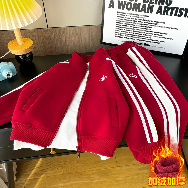 儿童加绒运动套装秋冬款2025新款男童一体绒保暖拉链卫衣长裤童装