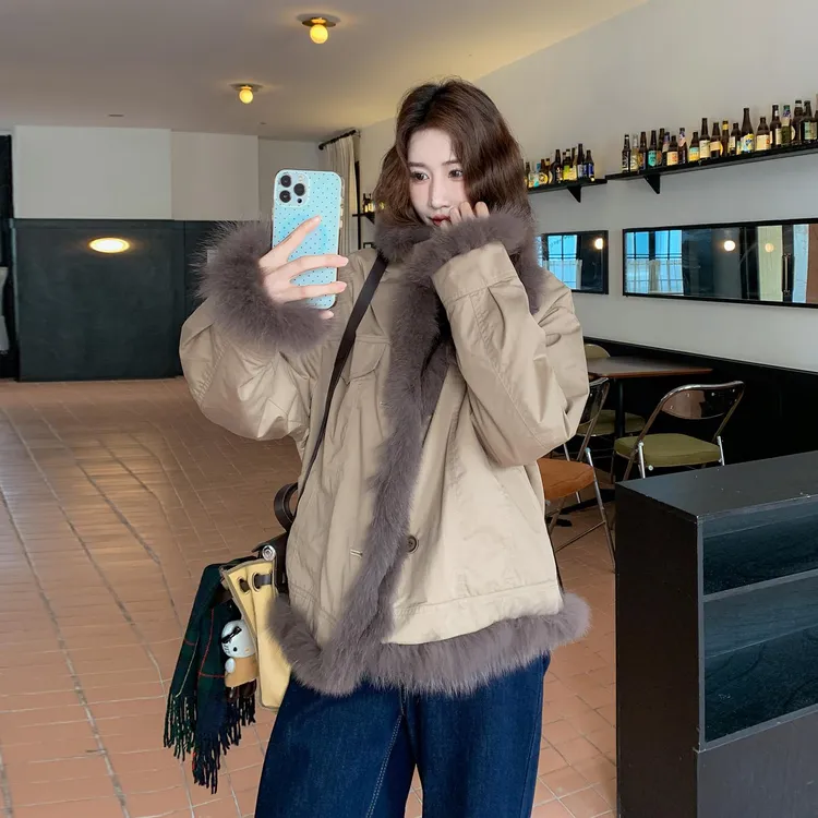 韩系设计感两面穿派克棉服女2025冬季新款小个子皮毛一体加厚外套