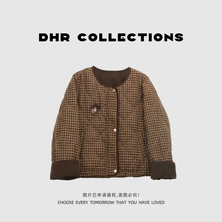 豆豆9【小房子】羊毛冬季加厚棉服女保暖设计感格子外套-25QW126