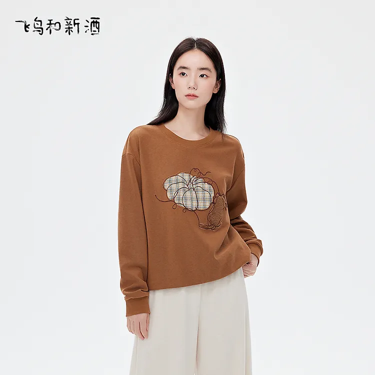 飞鸟和新酒无帽圆领小个子卫衣女秋季休闲美式上衣FD55101013