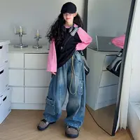 【Maila童装】女童洋气黑粉插肩T恤挂件牛仔工装裤阔腿裤春秋两件套
