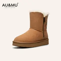 AUMU时尚新品厚底防滑雪地靴女皮毛一体侧拉链经典保暖中筒靴2112