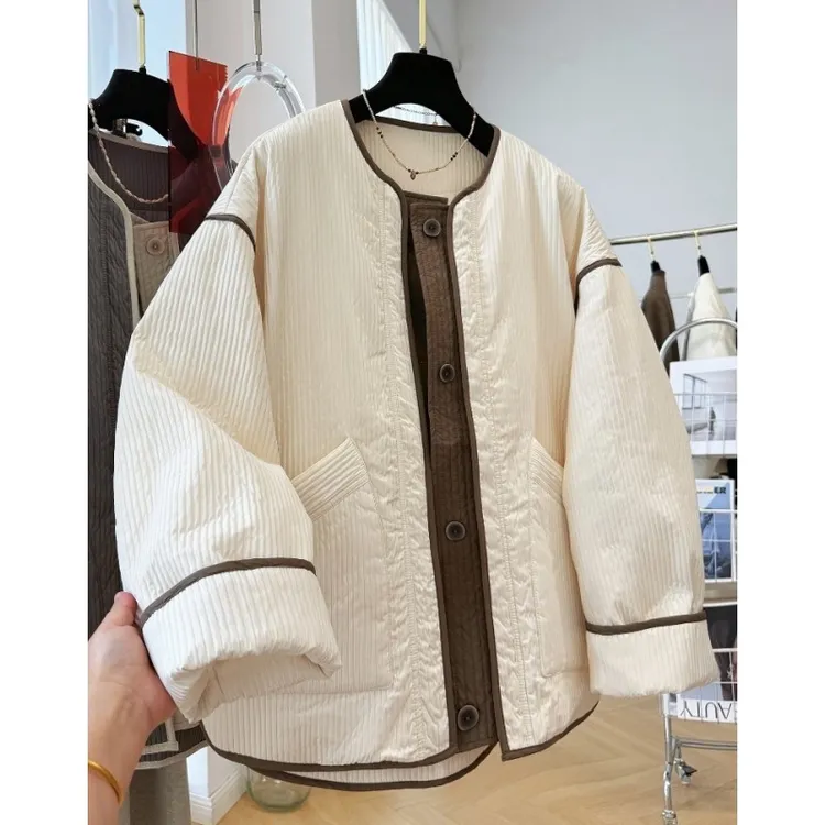 高级感拼接撞色夹棉高端圆领休闲外套女秋冬超好看轻薄款棉服棉衣