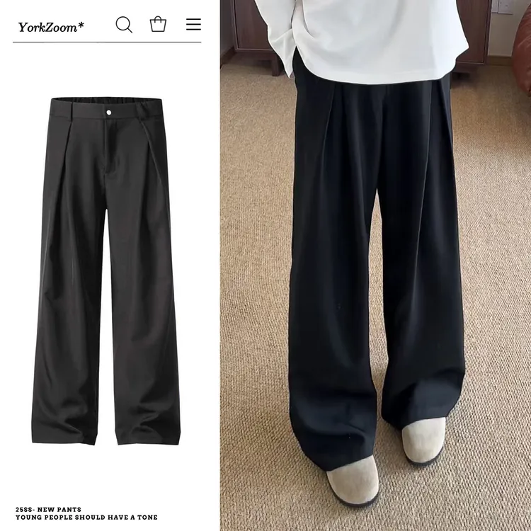 York Zoom阔腿褶皱西裤男士痞帅慵懒风秋冬加绒百搭显瘦休闲裤