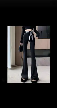 8608轻奢丝巾马蹄西装裤女秋季绑带高腰微喇裤修身垂感拖地长裤