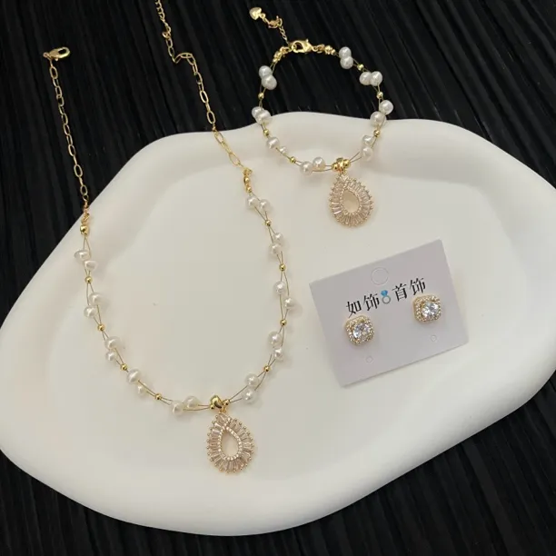 钛钢仿珍珠项链 如饰 水滴手工三件套套装时尚复古小众简约ins