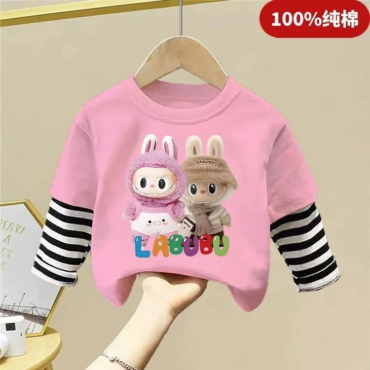 拉系列夏季2025新款纯棉长袖圆领t恤布卡通男童女童卡通假两件布
