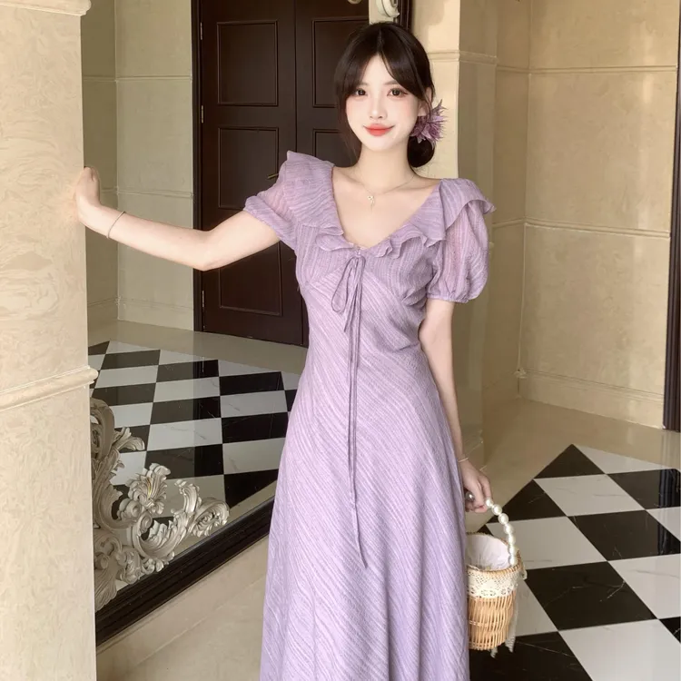 大码夏新款法式温柔荷叶边泡泡袖连衣裙女胖mm收腰显瘦肌理感长裙