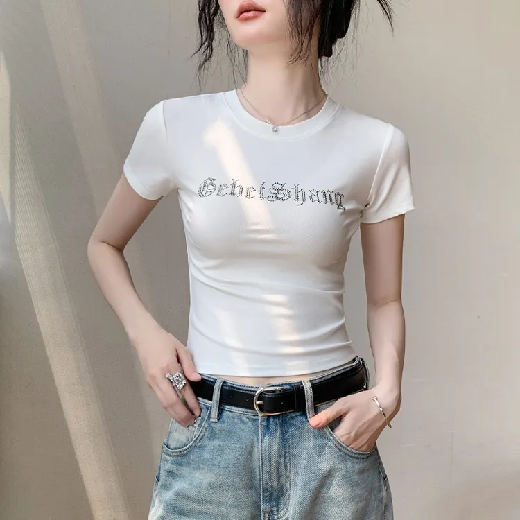 莱赛尔天丝圆领烫钻短袖T恤女夏季修身显瘦正肩凉感百搭别致上衣