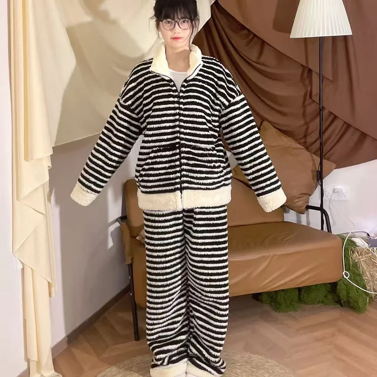 #2503【专柜版】黑白条纹连帽宽松韩版慵懒保暖加绒家居服睡衣套装