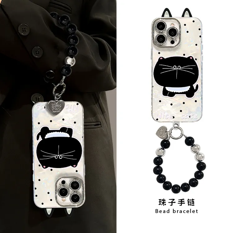 波点黑猫手链适用苹果16promax手机壳13可爱高级感15全包镜头膜14