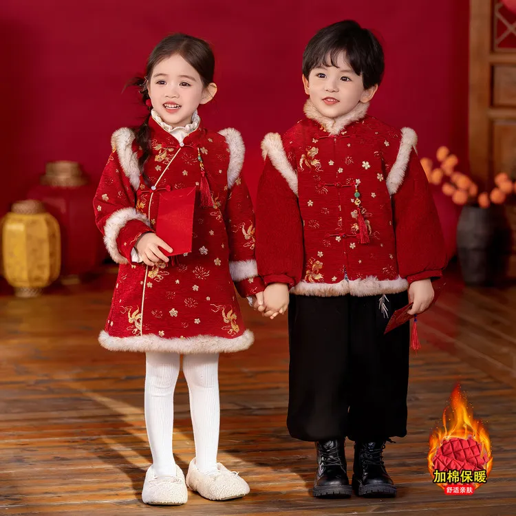 男女童宝宝加绒加厚衣服套装2026新年拜年服童装婴儿冬装唐装汉服