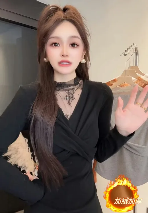 法式时尚百搭蕾丝拼接长袖加绒显瘦扭结修身网纱内搭上衣 W373