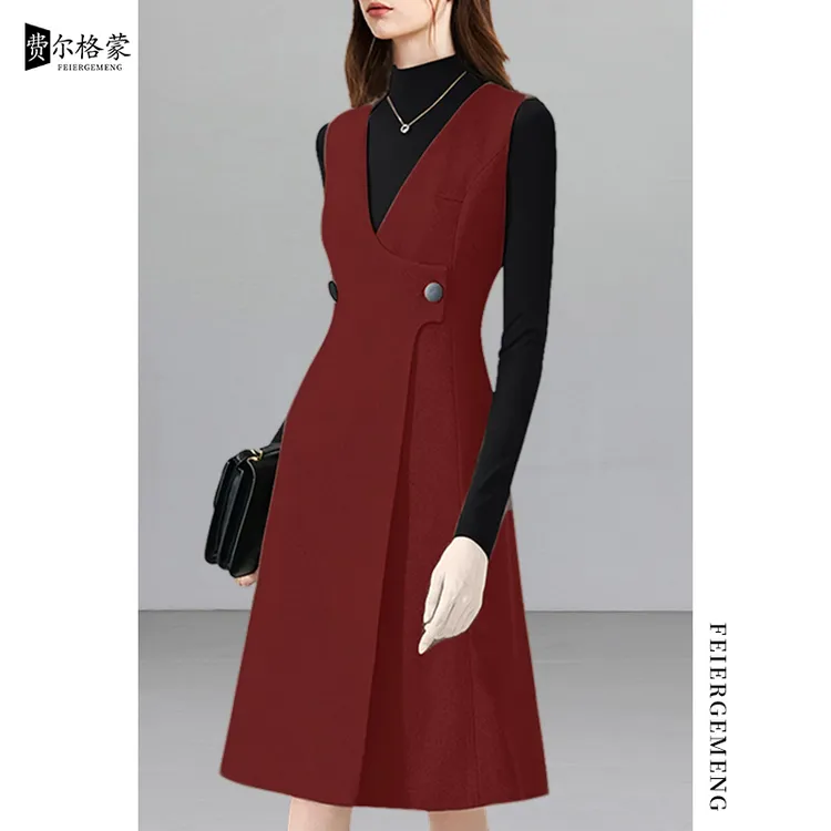 法式红色吊带连衣裙春秋新款洋气背心马甲打底裙节日外搭修身显瘦