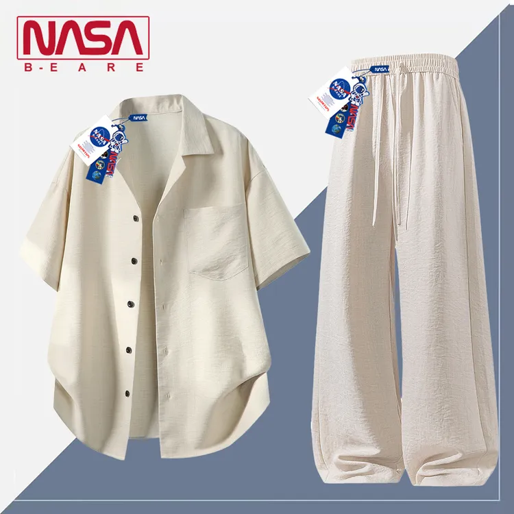 NASA联名老钱风短袖衬衫夏季男垂感慵懒松弛感穿搭衬衣休闲裤套装